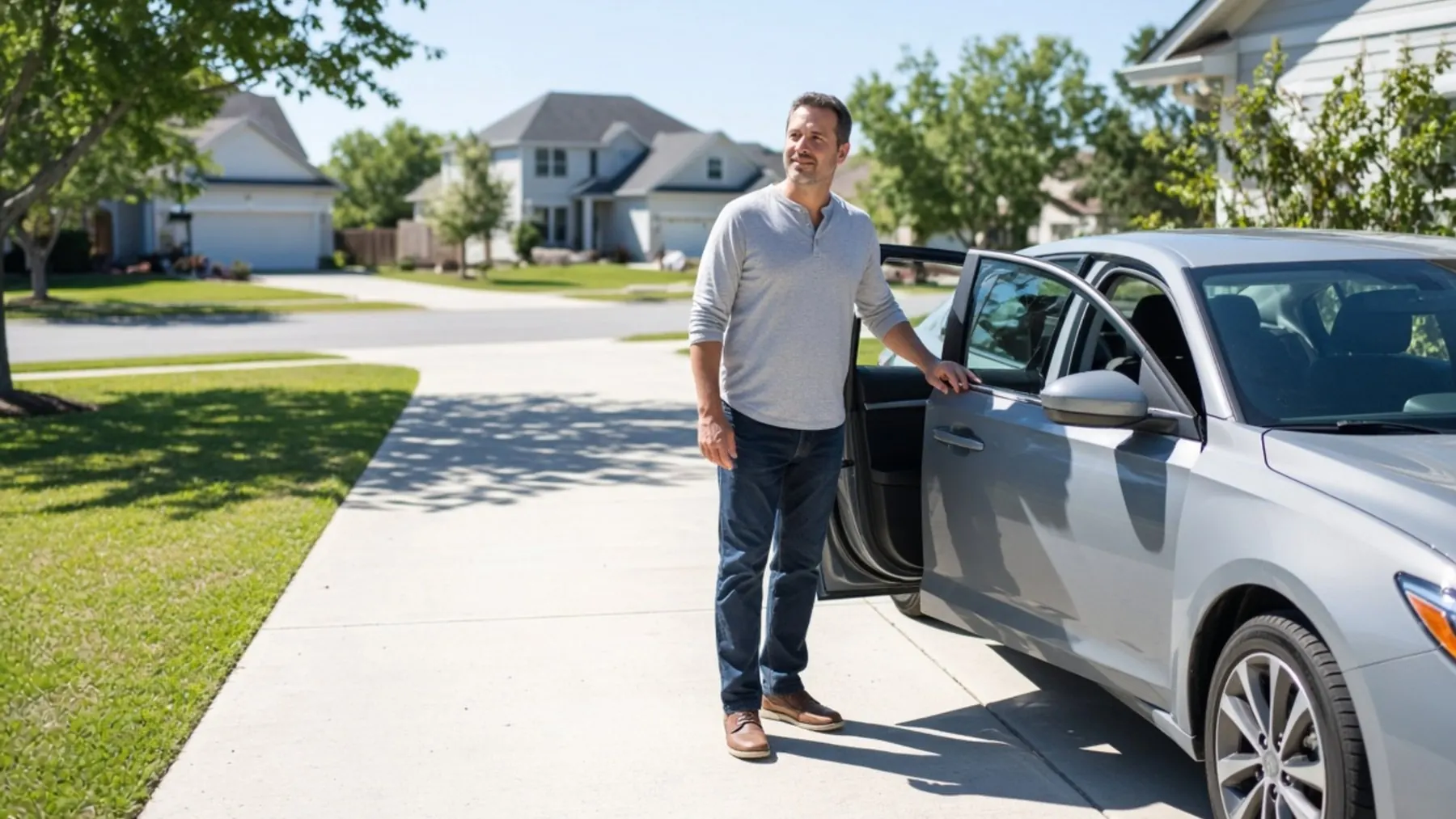 A driver opening his car door on a suburban driveway