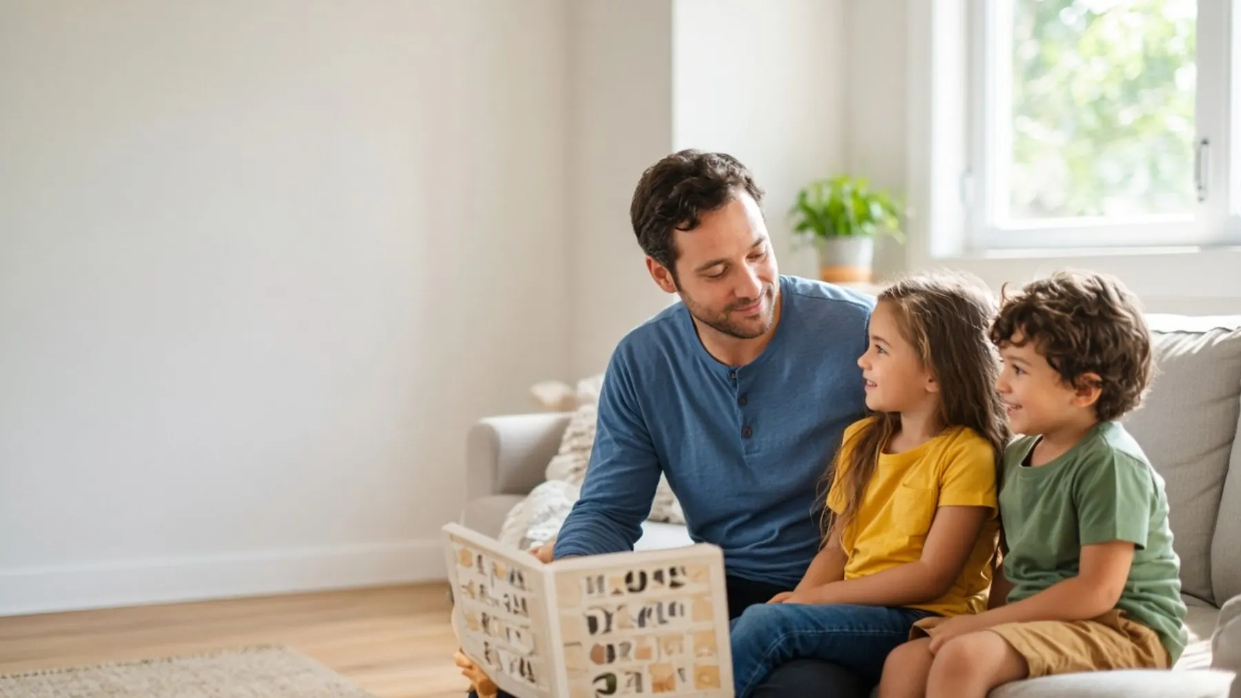 A father reading with his two young children